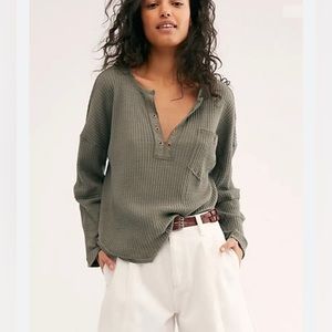 We the Free Free People Green Henley Log Sleeve Oversized Tee Size M